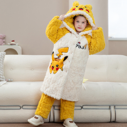 Bộ đồ ngủ mùa đông cho bé gái, áo choàng flannel ba lớp chần bông tay dài có mũ in hình hoạt hình