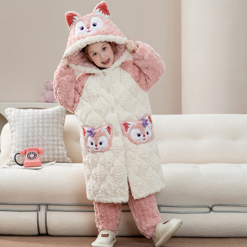 Bộ đồ ngủ mùa đông cho bé gái, áo choàng flannel ba lớp chần bông tay dài có mũ in hình hoạt hình