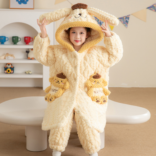 Bộ đồ ngủ mùa đông cho bé gái, áo choàng flannel ba lớp chần bông tay dài có mũ in hình hoạt hình