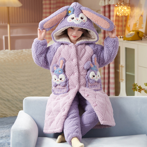 Bộ đồ ngủ mùa đông cho bé gái, áo choàng flannel ba lớp chần bông tay dài có mũ in hình hoạt hình
