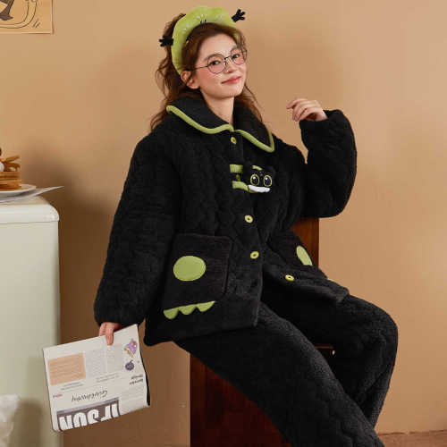 Bộ đồ ngủ nữ 3 lớp chần bông, áo và quần bằng vải lông cừu san hô, in hình hoạt hình, thích hợp mặc nhà mùa thu đông.