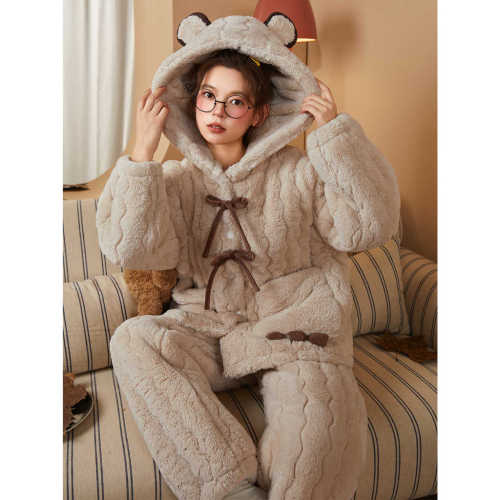 Bộ đồ ngủ nữ 3 lớp chần bông, áo và quần bằng vải lông cừu san hô, in hình hoạt hình, thích hợp mặc nhà mùa thu đông.