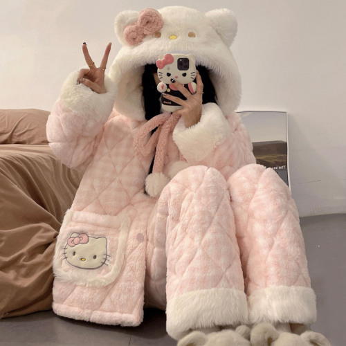 Bộ đồ ngủ mùa đông ấm áp có mũ trùm đầu dành cho nữ, chất liệu lông cừu dày dặn, mũ trùm đầu rộng, đồ mặc nhà riêng lẻ.