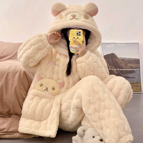 Bộ đồ ngủ mùa đông ấm áp có mũ trùm đầu dành cho nữ, chất liệu lông cừu dày dặn, mũ trùm đầu rộng, đồ mặc nhà riêng lẻ.