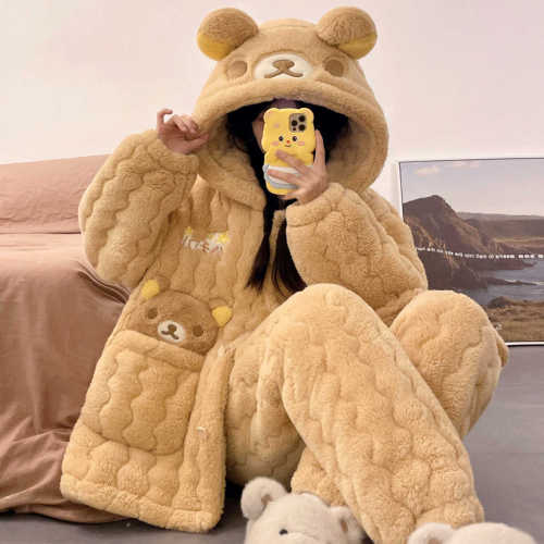 Bộ đồ ngủ mùa đông ấm áp có mũ trùm đầu dành cho nữ, chất liệu lông cừu dày dặn, mũ trùm đầu rộng, đồ mặc nhà riêng lẻ.