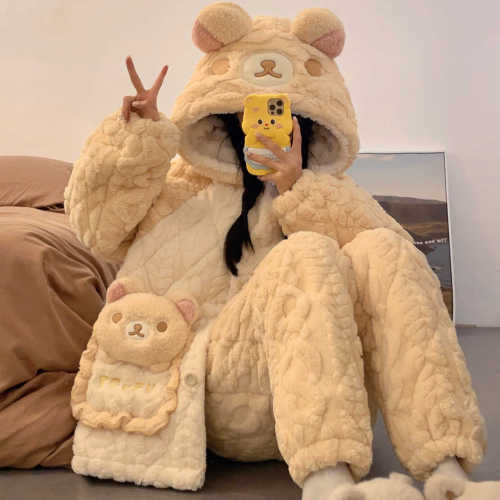 Bộ đồ ngủ mùa đông ấm áp có mũ trùm đầu dành cho nữ, chất liệu lông cừu dày dặn, mũ trùm đầu rộng, đồ mặc nhà riêng lẻ.