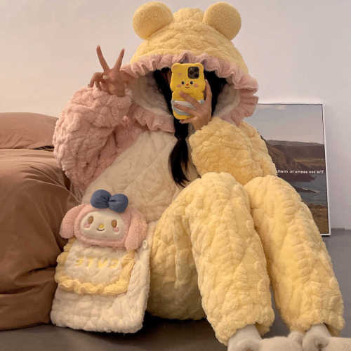 Bộ đồ ngủ mùa đông ấm áp có mũ trùm đầu dành cho nữ, chất liệu lông cừu dày dặn, mũ trùm đầu rộng, đồ mặc nhà riêng lẻ.