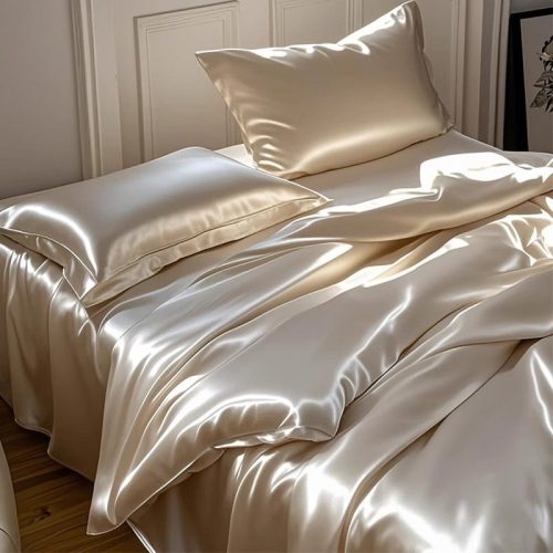 Bộ ga trải giường bốn món bằng lụa satin, cỡ Queen và King, mềm mại, thoáng mát, lý tưởng cho mùa hè.