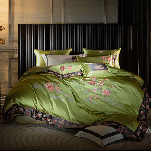 Bộ ga trải giường bằng lụa satin pha cotton thập niên 160, vỏ chăn thêu hoa, màu xanh lá cây cổ điển, bộ đồ giường sang trọng.