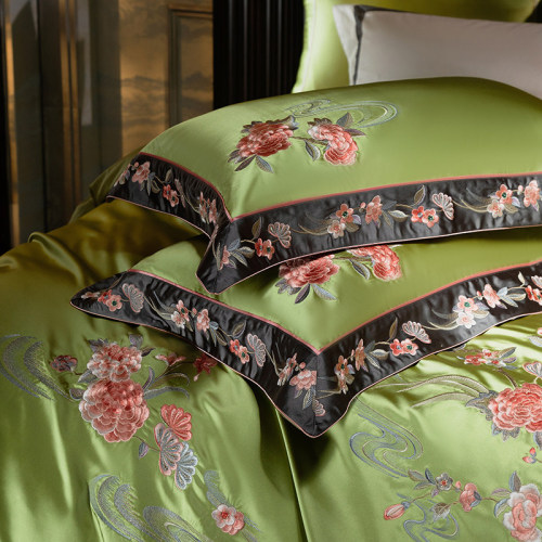 Bộ ga trải giường bằng lụa satin pha cotton thập niên 160, vỏ chăn thêu hoa, màu xanh lá cây cổ điển, bộ đồ giường sang trọng.