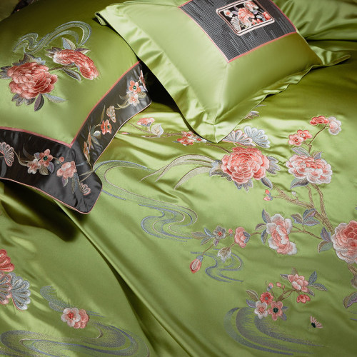 Bộ ga trải giường bằng lụa satin pha cotton thập niên 160, vỏ chăn thêu hoa, màu xanh lá cây cổ điển, bộ đồ giường sang trọng.