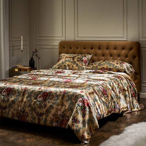 Bộ ga trải giường lụa tơ tằm 100% 28 momme, in kỹ thuật số, chất liệu cao cấp, vỏ chăn cỡ Queen và King.