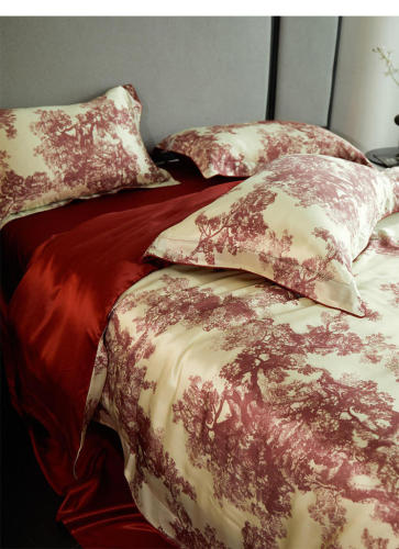 Bộ ga trải giường lụa tơ tằm 100% 25 momme, in kỹ thuật số, sang trọng, cỡ Queen và King.