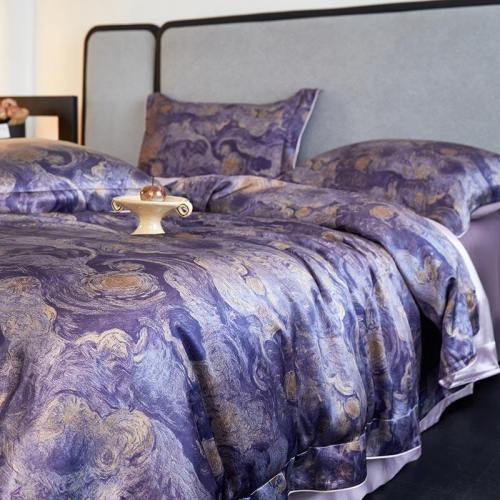 Bộ ga trải giường 4 món bằng lụa tơ tằm 100%, độ dày 25 momme, in kỹ thuật số, thoáng khí, thân thiện với da, chất liệu cao cấp.