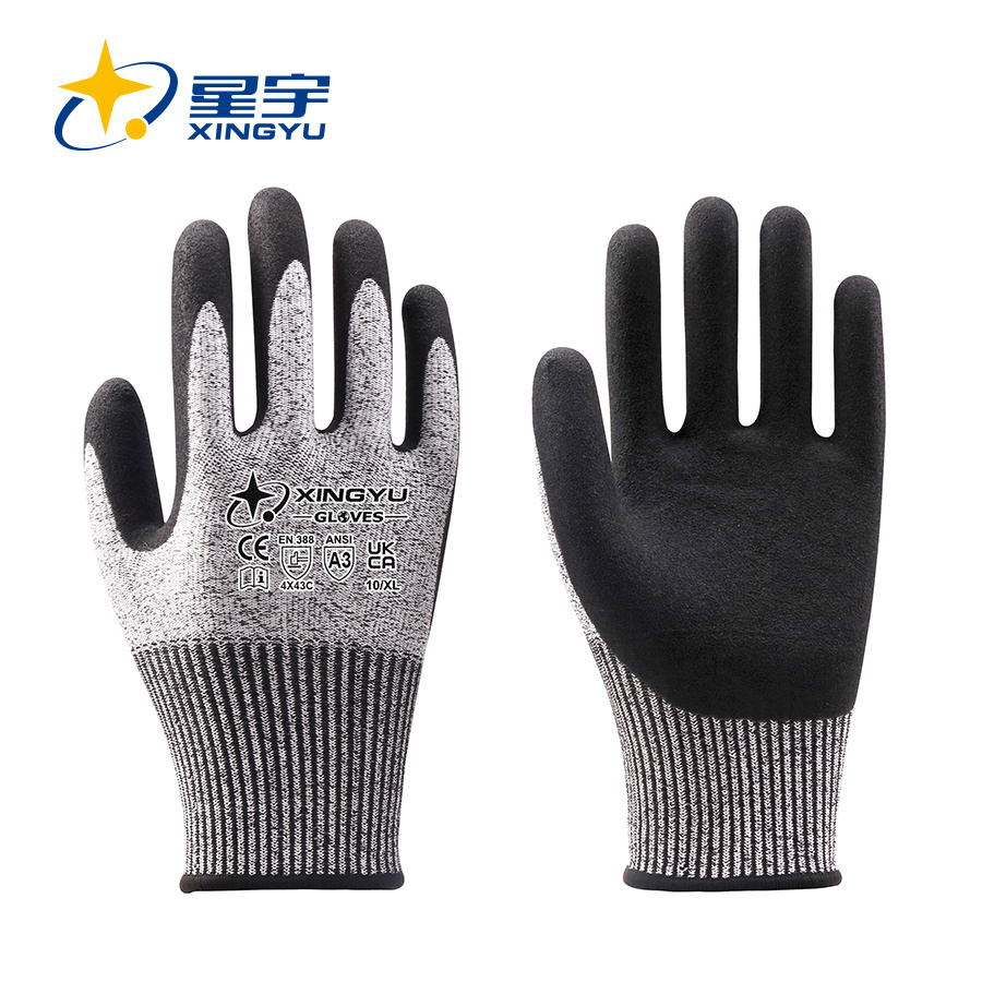 H5000 13G HPPE+Spandex+Nylon+Glass fiber Liner Nitrile Sandy Coated Gloves