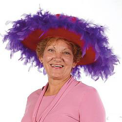 WIDE BRIM RED HAT W-PURPLE FEATHERS