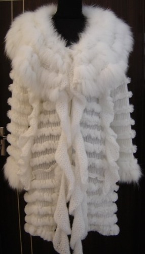 Ladies' Knitted Rabbit Fur Jacket with blue fox fur trims