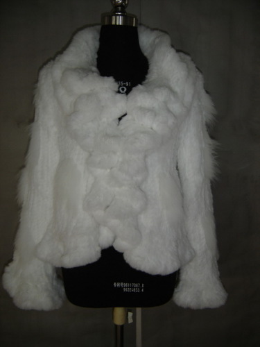 Ladies' Knitted Rabbit Fur Jacket with blue fox fur trims