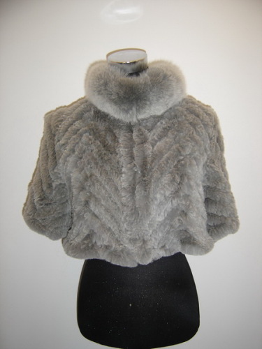 Ladies' Knitted Rabbit Fur Jacket with blue fox fur trims