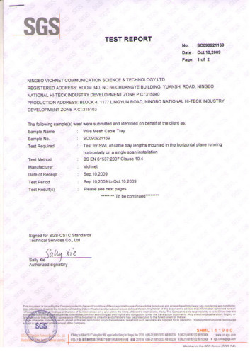 Wire Mesh Cable Tray SGS Tests Passed Report - Ningbo Vichnet ...