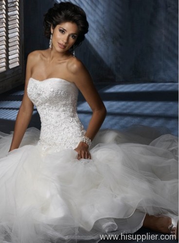 GEORGE BRIDE Beaded Lace Bodice With Net Chapel Train Wedding Dress