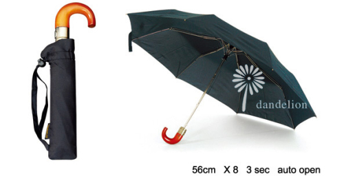 3-Fold polyester wooden Umbrella