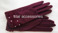 wool ladies gloves with flowers and pearls