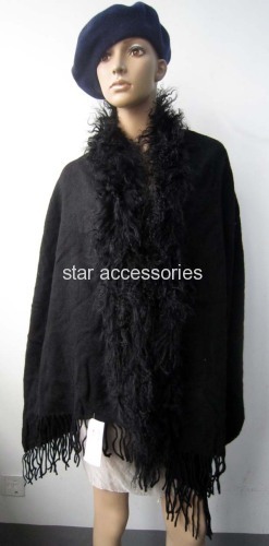 acrylic plain wrap with fringes and fake fur