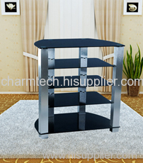 Black Glass and Silver Aluminum Tube LCD TV Stand