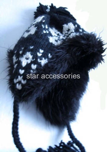 acrylic jaquard knitted hat with fake fur