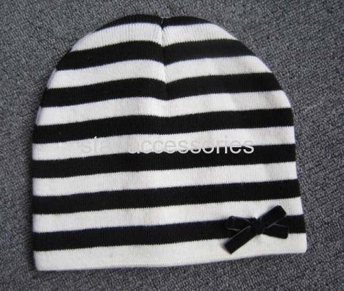 acrylic stripe knitted hat with bowknote