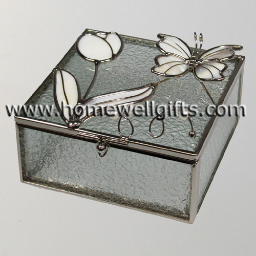Glass Jewelry box with white tulip & butterfly