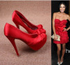 bowknot silk face high heel red color wedding shoes