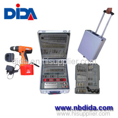 Combination drill and bit power tools set in aluminium case