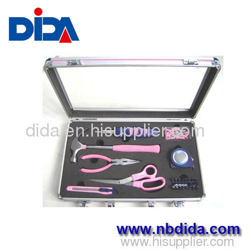 Ladies household tools with plastic pink handle in a case