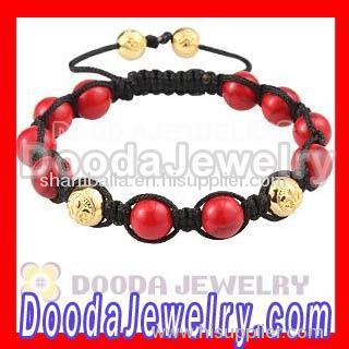 Red Coral Mens Shamballa Bracelet With Gold Nialaya Logo Bead