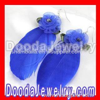 Navy Tibetan Jaderic Bohemia Styles Silk Flower Feather Earrings For Sale