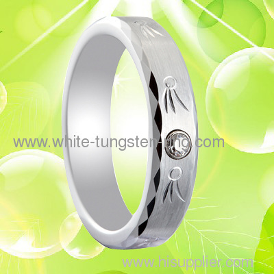 4MM Width Caving White Gold Tungsten Gold Wedding Ring with 1CZ Diamond
