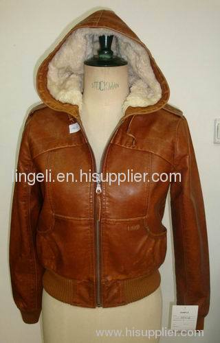 Women PU Leather Hooded Jacket HY0028