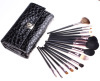 Deluxe 15pcs black makeup brush set with black snake pouch red hand travel size makeup cosmetic brush set