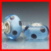 european Murano Blue Glass Bead with Black Polka Dot Design with Sterling Cor