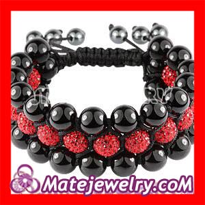 Shamballa Men' 3 Row Red Czech Crystal Wrap Bracelet with Black Onyx