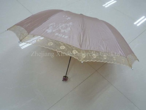 3 fold outside folding polyester/pearl sun umbrella with lace and case