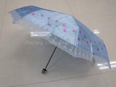 3 fold satin lady/femal sun umbrella with lace and case