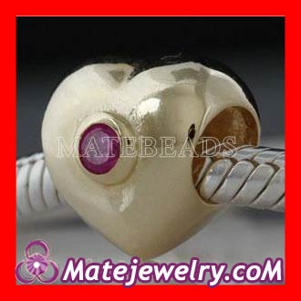 european Style Gold Plated Sterling Silver Heart Beads With Red Stone