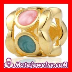 Gold plated Sterling Silver Drum Charm Beads with Enamel Pink and Blue beads