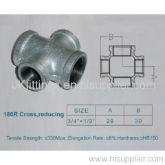 GI Malleable iron pipe fitting-cross equal hot-dipped Galvanized, Male, BS DIN NPT 130 1/4