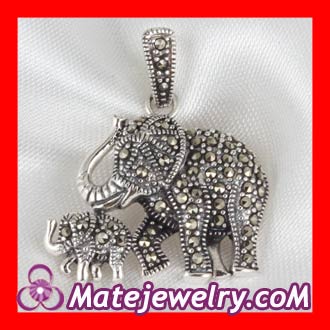 Thai Sterling Silver Marcasite Pendant Mother and Child Elephant