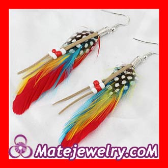 Red Tibetan Jaderic Indianstyles Feather Earrings With Beads Wholesale