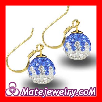 10mm Blue-White Czech Crystal Ball Gold Plated Sterling Silver Hook Earrings
